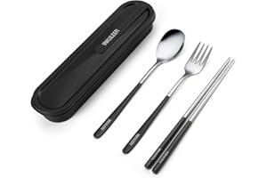 INKULEER Travel cutlery set, 18/8 stainless steel cutlery, Reusable utensils set with case, Portable Silverware Lunch Box for Camping and Office