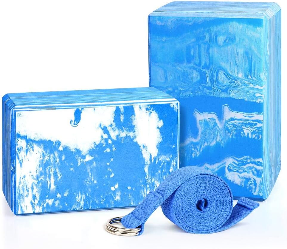 QF Yoga Blocks Plus Yoga Strap with Metal D-Ring, 9"x6"x4" 2 Pack Eco-Friendly EVA Foam Block - High Density Exercise Brick Soft Non-Slip Surface for Yoga, Pilates, Meditation, Workout, Fitness & Gym
