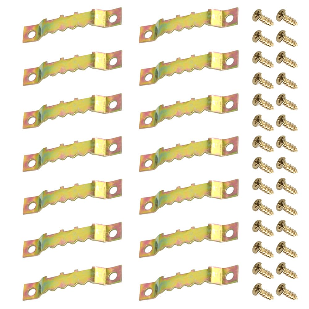 Hocansen 100 PCS Sawtooth Picture Hangers Double Hole with Screws Frame Hanging Hangers for Home Picture Frame Decoration Hanging (Colored Gold/XK-JC)