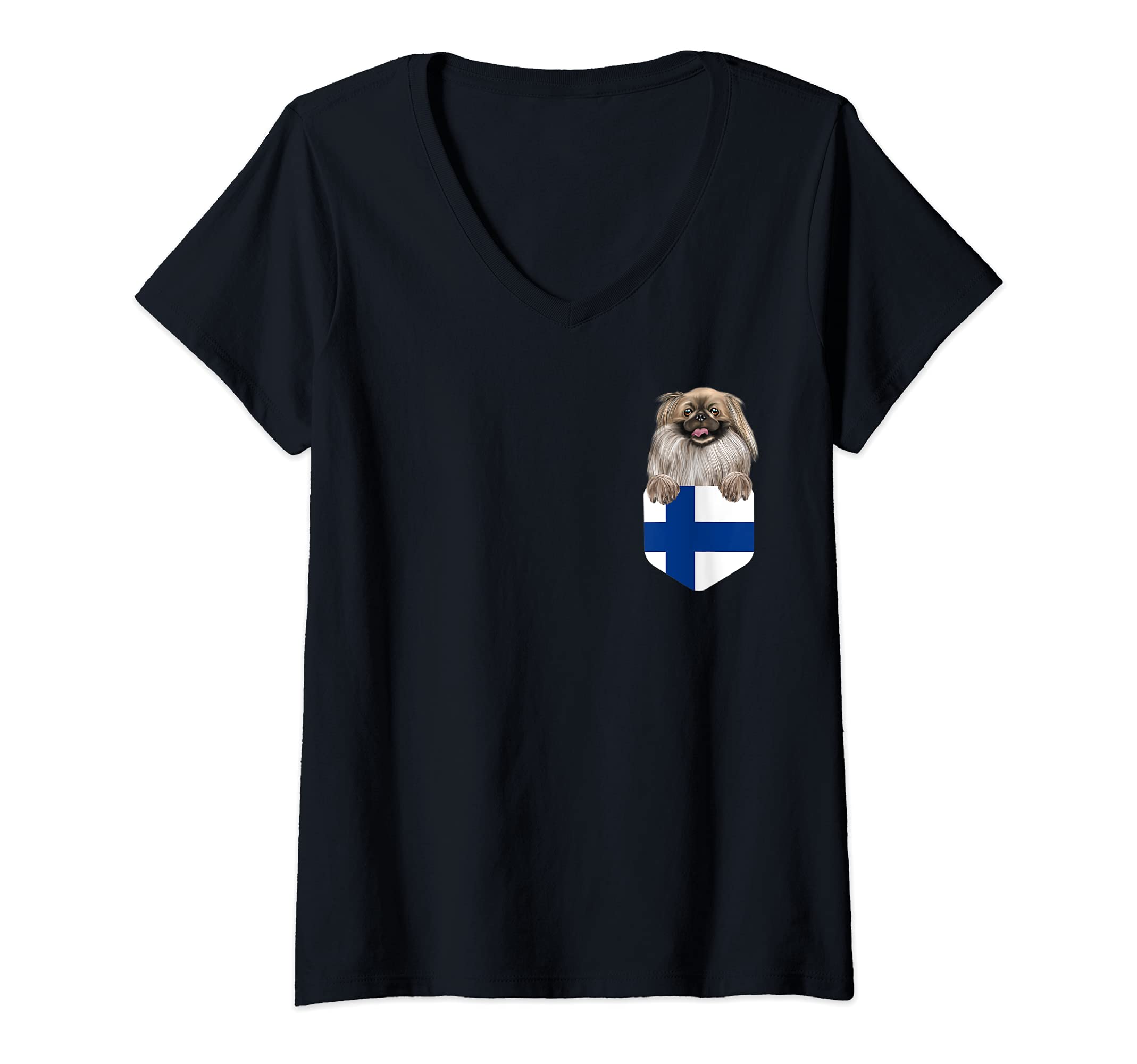 Womens Finland Flag Pekingese Dog In Pocket V-Neck T-Shirt