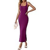 ZESICA Womens 2026 Summer Casual Square Neck Bodycon Midi Dresses Spring Sleeveless Side Slit Knit Beach Vacation Long Dress