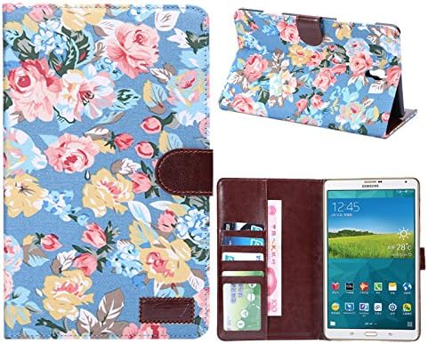 Samsung Galaxy Tab S 8.4 Case, Nicelin Flower Pattern Canvas Materials Fold Stand PU Leather Case Cover for Samsung Galaxy Tab S 8.4-Inch Tablet (SM-T700 / SM-T707) - NOT FOR Tab PRO 8.4 (Blue)