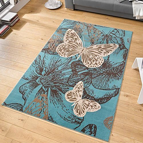 TeppichBoss Rug 'New Butterfly' Design Velour, Short Pile, Cream Purple Blue Butterfly, blue, 80x150