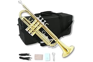WUQIMUSC Bb Trumpet for Beginners, Standard B Flat Trumpet with 7C Mouthpiece, Hard Case, Gloves & Cleaning Cloth, Student Brass Instrument (Golden)