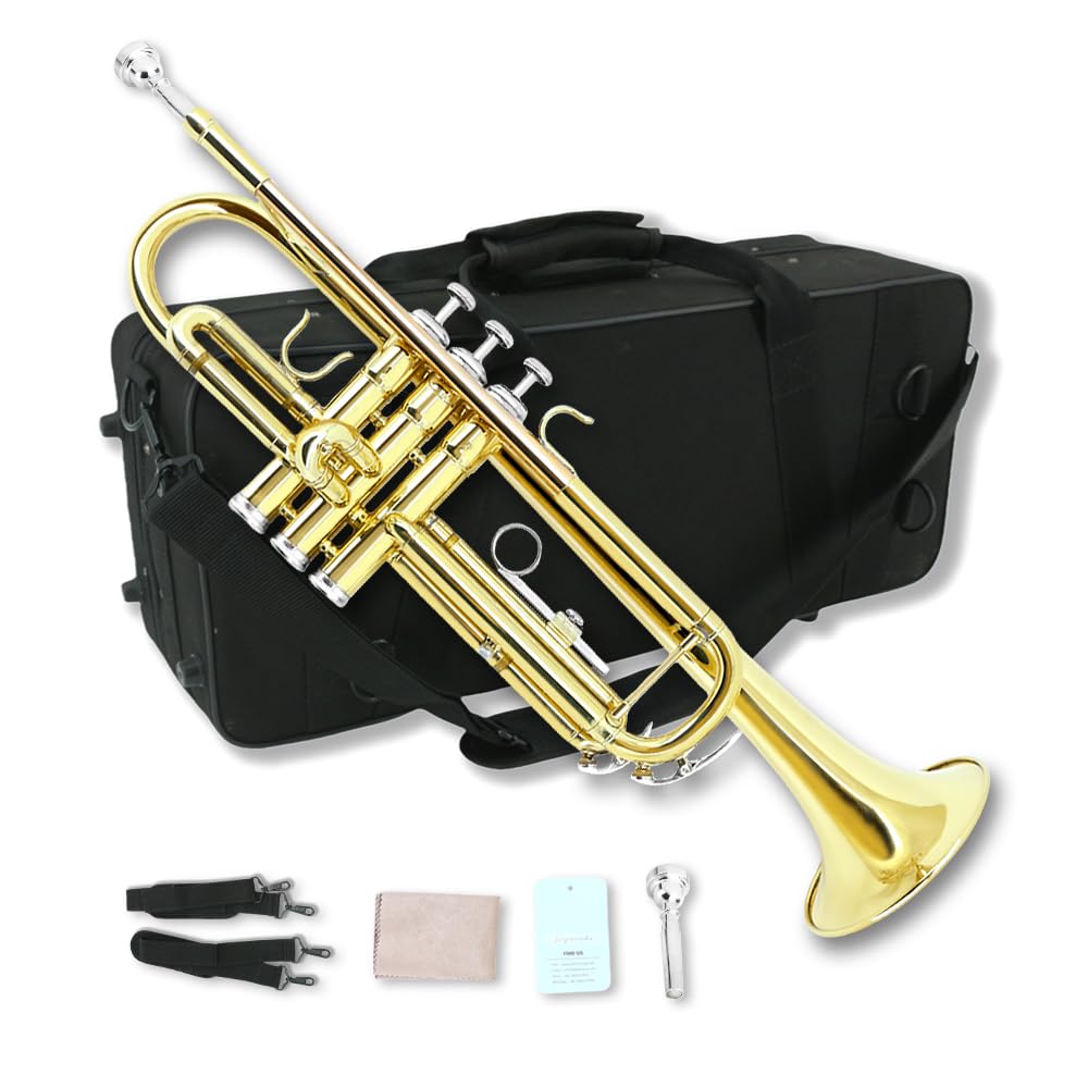 Photo 1 of WUQIMUSC Bb Trumpet for Beginners, Standard B Flat Trumpet with 7C Mouthpiece, Hard Case, Gloves & Cleaning Cloth, Student Brass Instrument (Golden)
