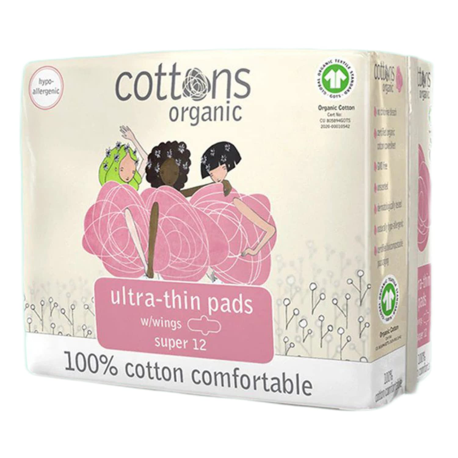 Cottons Ultra Thin Super Sanitary Pads for Women, 100% Organic Cotton, Pack of 12, Hypo-Allergenic, Breathable (Super (Heavy Flow))