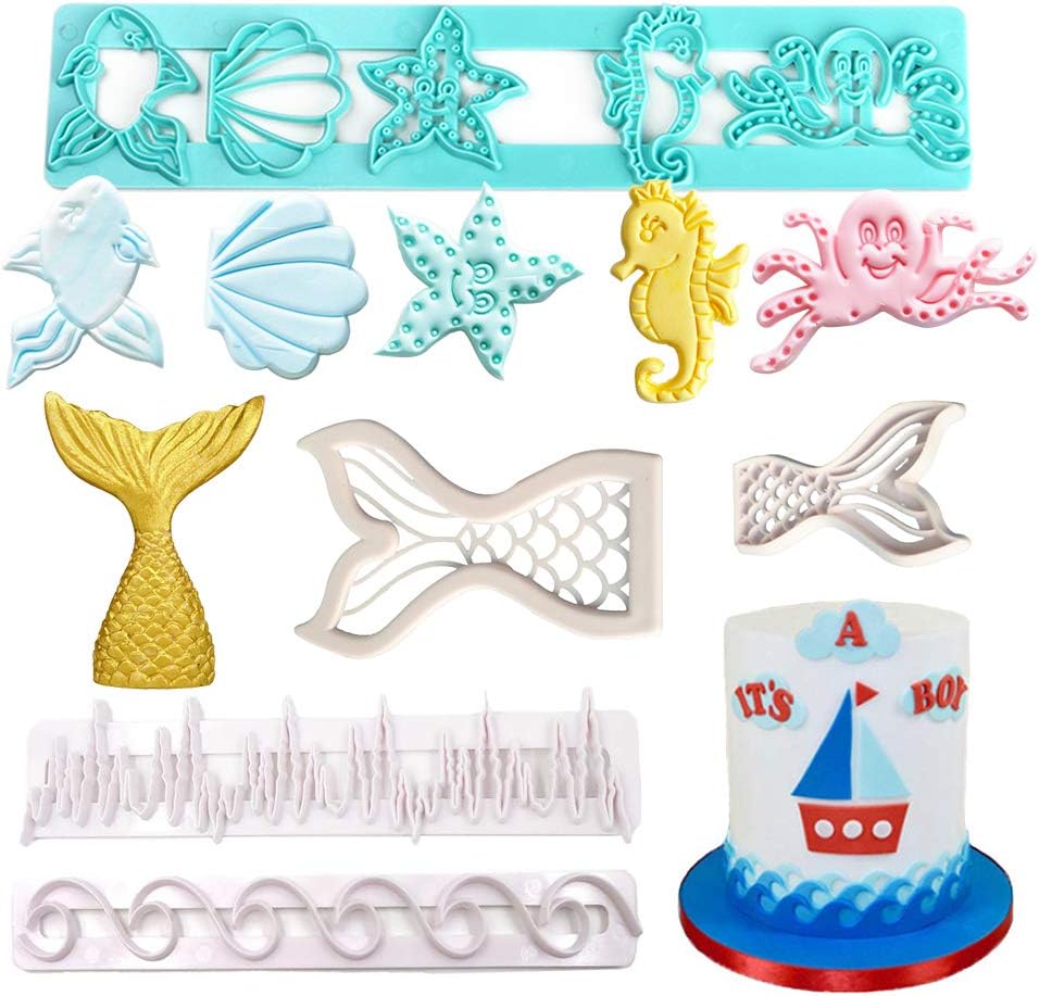 Marine Theme Cake Fondant Mold - Seas Ocean Cookie Stencils Cutters Cake Decoration Molds for Chocolate Candy Polymer Clay Cupcake Cookie Jelly Sugar Craft
