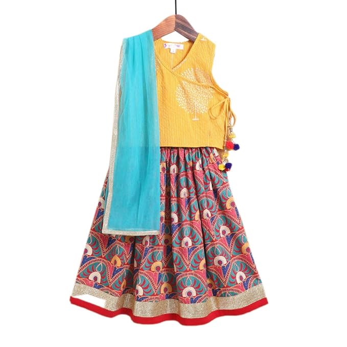 Amber By Hopscotch Girls Cotton Angrakha Kurti With Floral Lehenga And Dupatta In Multi Color