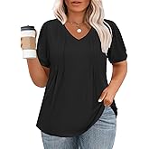 VISLILY Womens-Plus-Size-Summer-Tops Casual V Neck T Shirts Dressy Puff Short Sleeve Tunics Tee Cute Pleated Blouses XL-5XL