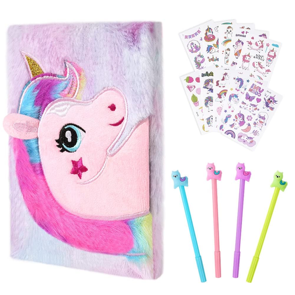 OFFCUP Plush Secret Diary, Plush Unicorn Notebook, Plush Girl Notebook Alpaca Plush Notebook Unicorn Journal Plush Mermaid Notebook with with 10 Tattoo Stickers and 4 Gel Pens