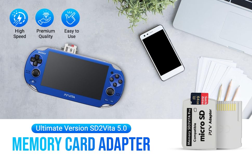 Gamer Gear SD2Vita 6.0 Memory Card Adapter, PS Vita PSVSD Micro SD Adapter PSV 1000/2000 PSTV FW 3.65 HENkaku Enso System, White, 001494