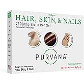 Wellgenix Purvana Hair, Skin, and Nails Vitamin Softgels for High Absorption - Double Strength 2500mcg Biotin, VIT A & B, Folic Acid, Grape Seed Extract - Herbal Supplement (30 Count)