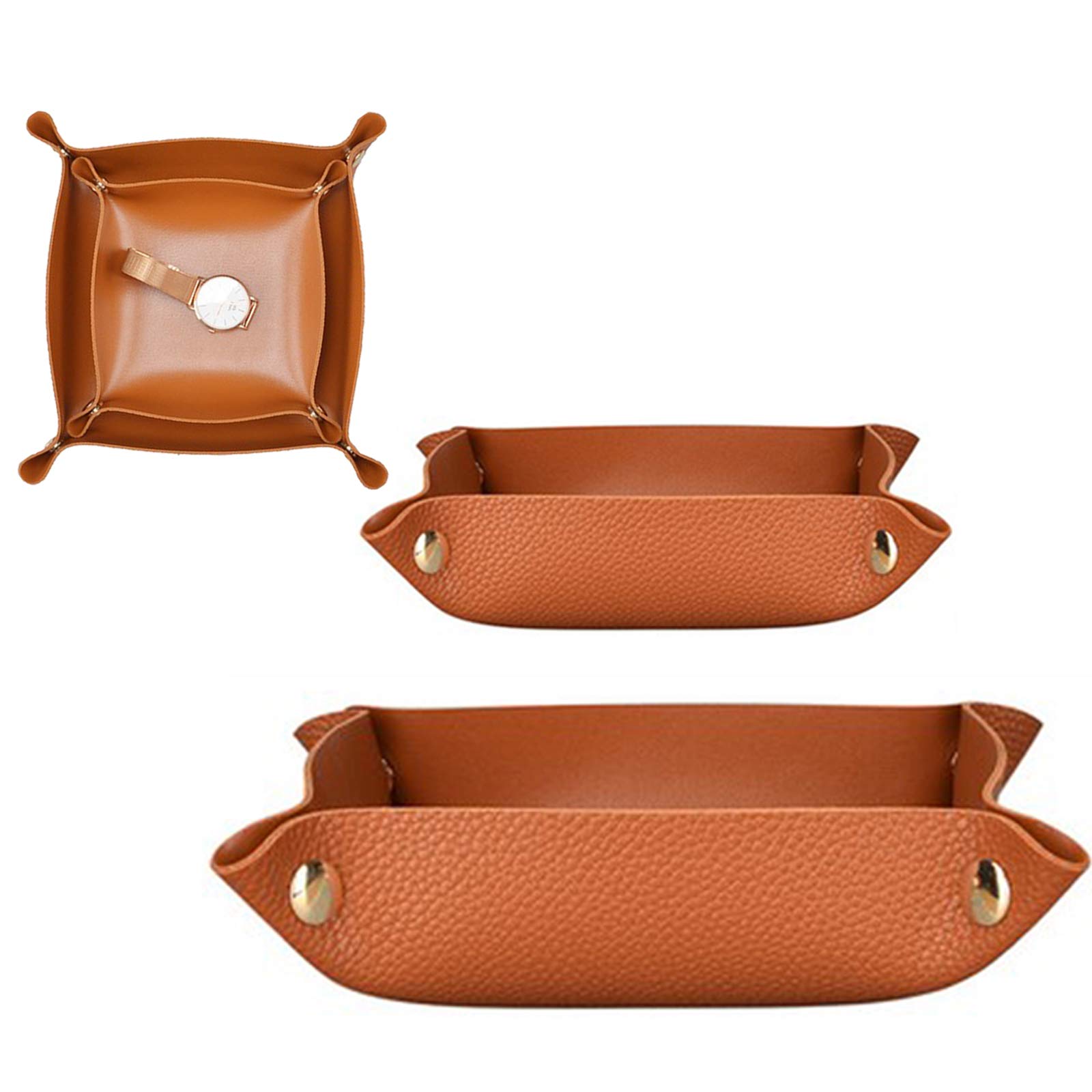 2 Pieces Valet Tray, PU Leather Tray, Men Women Jewelry Key Tray Catchall Tray, Bedside Tiny Tray, Storage Box for Wallets, Watches, Keys, Coins, Cell Phones, Small & Big Size - Brown
