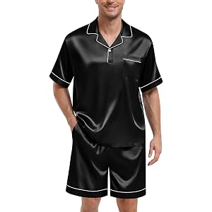 SWOMOG Mens Silk Satin Pajamas Sets 2 Piece Short Sleeve Loungewear Classic Lapel Soft Sleepwear with Pockets