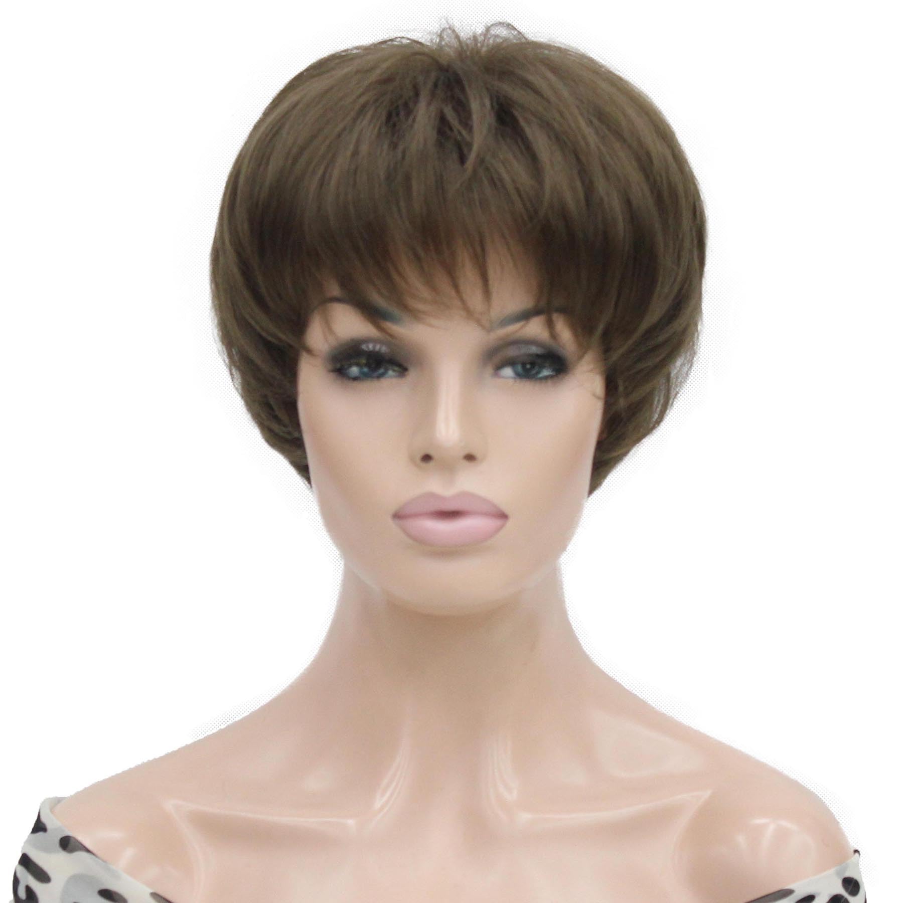 Lydell 6-8" Straight Short Bob Wig Layered Shaggy Flat Bangs Heat Resistant Synthetic Wigs 10 Light Medium Golden Brown