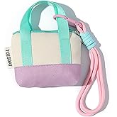 Dopamine Mini Canvas Tote Keychain for Women Small Change Coin Purse with Wrist Strap Key Headset Bag Colorful Travel Pouch(purple-beige)