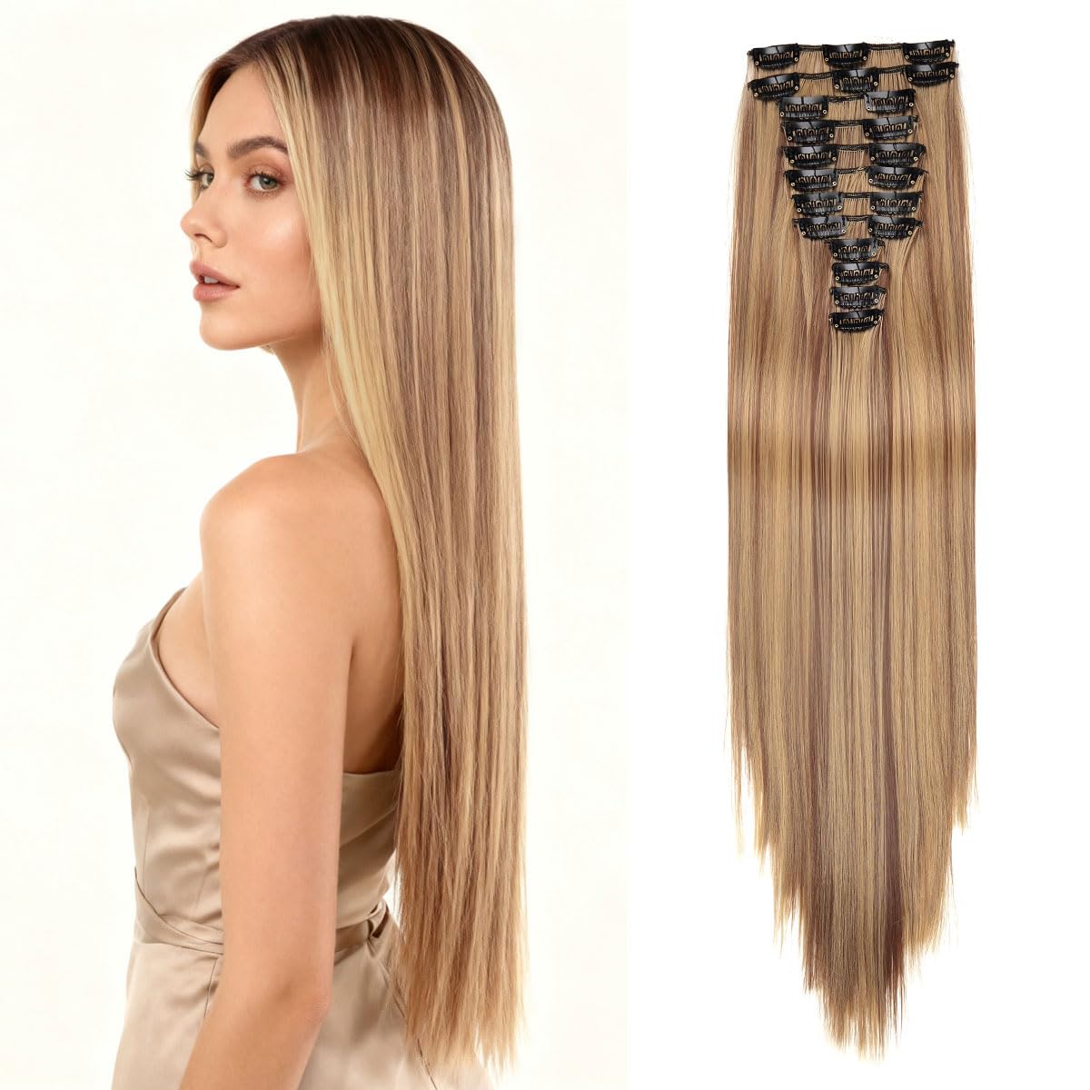 Hair Extensions Clip In 22 Inch Long Straight Clip in Hair Extensions Light Blonde with Golden Highlights Synthetic Fiber 12 PCS 180g Hairpiece for Women — image 1