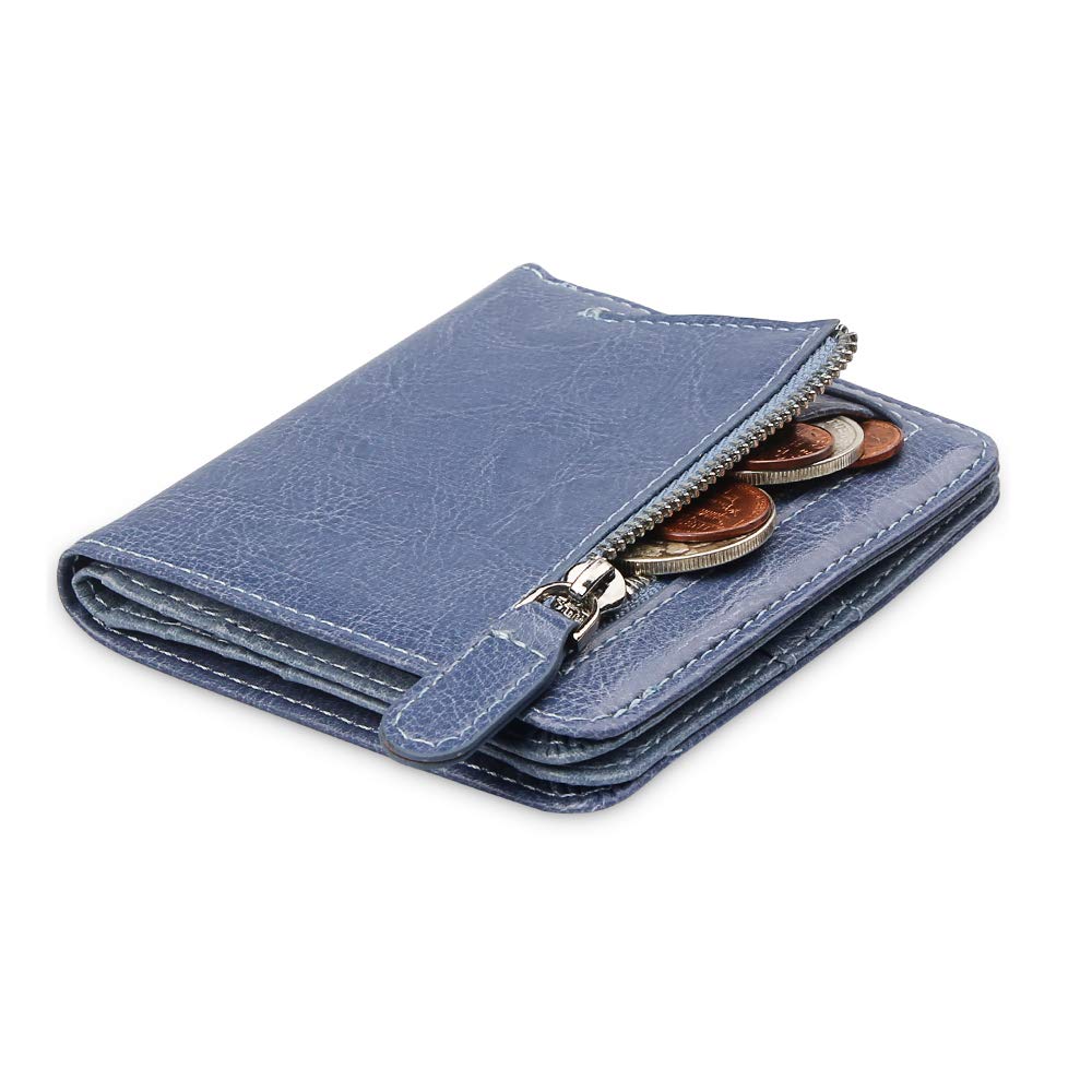 FT FUNTOR Small Wallet for Woman with Card Ladies Bifold Zipper Pocket RFID Blocking Leather Wallet Purse (Wax Blue)