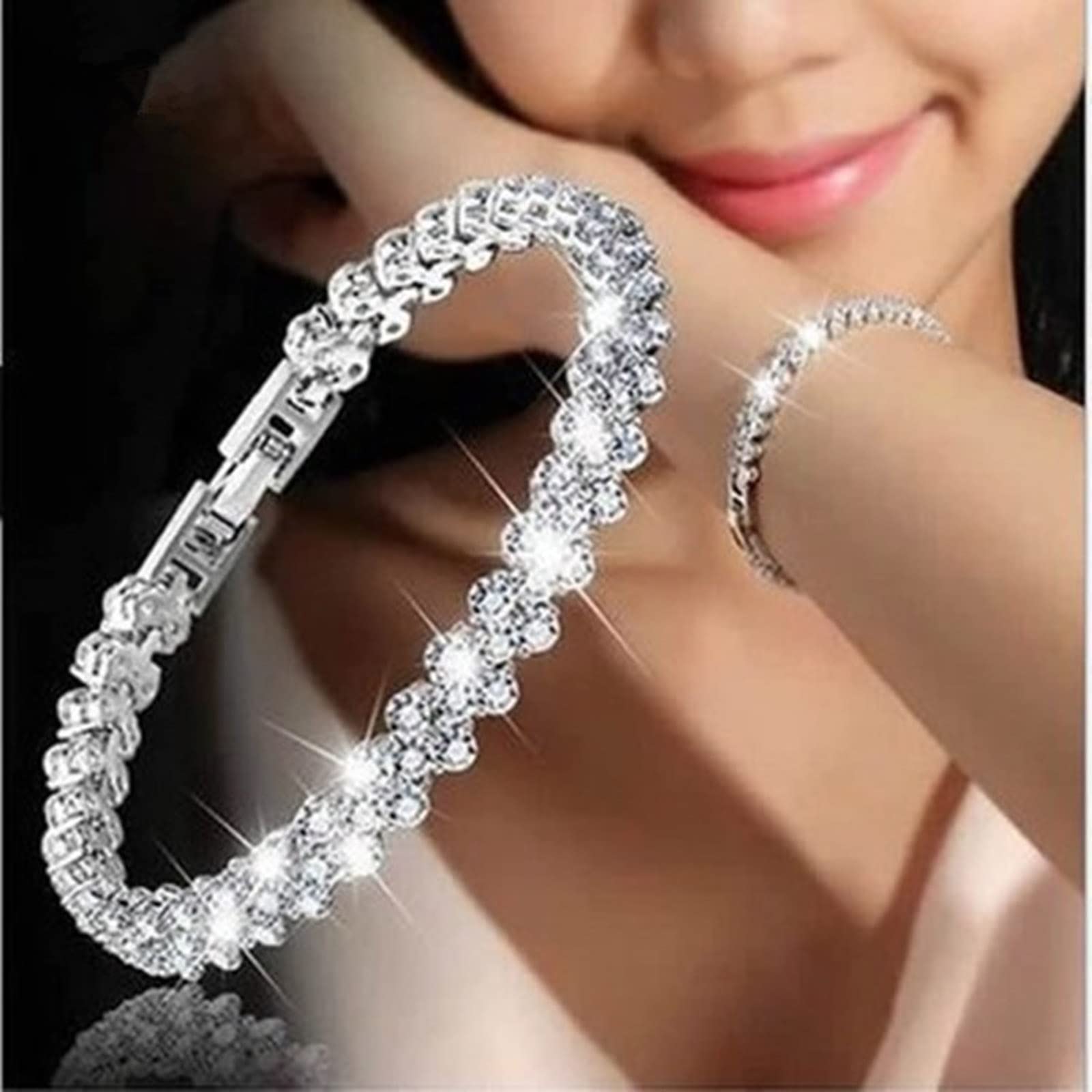 Aneneiceera Simple Silver Love Rhinestone Bracelet Hand Chain Dainty Cute Tiny Crystals Chain Handmade Boho CZ Bracelets Set Jewelry Gifts for Women Teen Girls