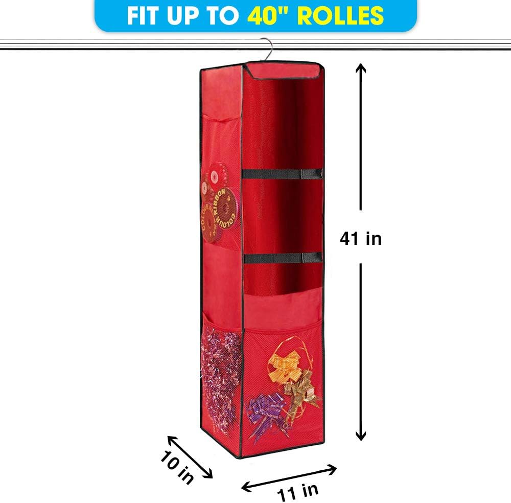 ProPik Hanging Gift Wrap Organizer, Wrapping Paper Storage Bag, Swivel Hanger 360 Degree Multiple Pockets & Loops, Holds Up to 25 Rolls 40 Inch, Space for Ribbons Bows Gift Wrap Folds Flat (Red): Home & Kitchen