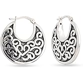LeCalla Sterling Silver Jewelry Light-Weight Click-Top Antique Filigree Hoop Earrings for Women