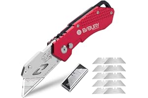 Utility Knife, BIBURY Upgraded Version Heavy Duty Box Cutter, Pocket Carpet knife with 10 Replaceable SK5 Stainless Steel Blades, Belt Clip, Easy Release Button, Quick Change and Safety Lock-Red