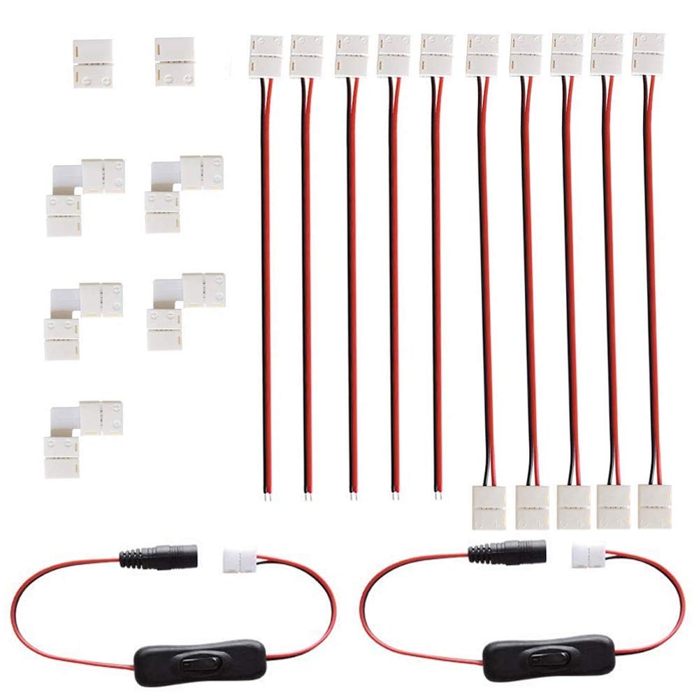 RUNCCI-YUN 3528 2835 8mm 2 Pin LED Strip Light Connector Kit - 5 Jumper, 5 Pigtail, 5 L Shape Corner, 2 DC On/Off Switch, 2 Gapless Connectors