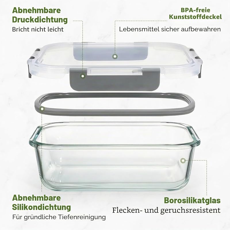 Glasbehälter mit Deckel, 2-teilig Meal Prep Boxen & Frischhaltedosen 2x1040ml aus Borosilikatglas, BPA-frei & luftdicht für Mikrowelle, Gefrierfach & Spülmaschine I Food Storage Container — Foto 2 von 8