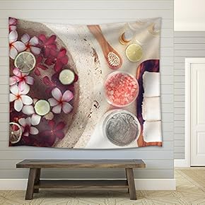 Foot Bath in Bowl with Lime and Tropical Flowers, spa Pedicure Treatment, top View - Fabric Wall Tapestry Home Decor - 51x60 inches