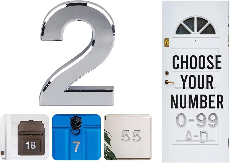 Rubigo 3D Chrome Effect Door Numbers 0-99 ABS Self Adhesive Silver