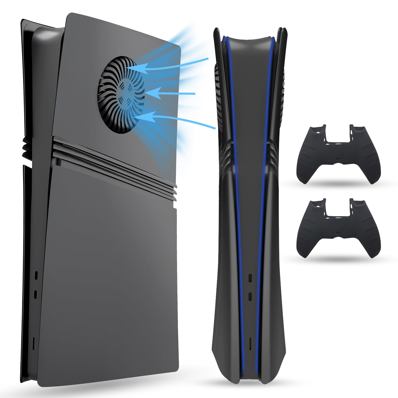 PEYANZ Faceplate for PS5 Pro (Digital Edition), Cover Plate, ABS Shell with Heat Dissipation, Matt Skin, Includes 2 Silicone Controller Covers (Black+)
