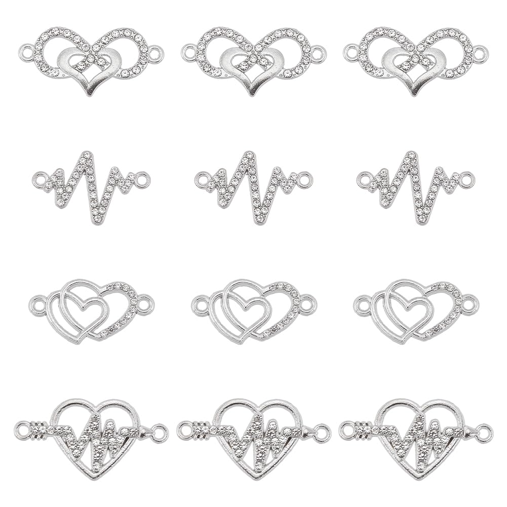 SUNNYCLUE 1 Box 40Pcs Heart Charms Valentine's Day Rhinestone Connector Charm Micro Pave Cubic Zirconia Heart Love Linking Connectors Heartbeat Infinity Love Hearts Charms for jewellery Making Charms