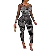 PORRCEY Sexy Jumpsuit for Women Sparkly Rhinestone Mesh See Through Hot Drilling Process Bodycon Party Club Night Romper