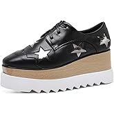 Amtopiyo Women's High Platform Square Toe Trainers Lace-Up Wedge Heel Casual Creepers Shoes