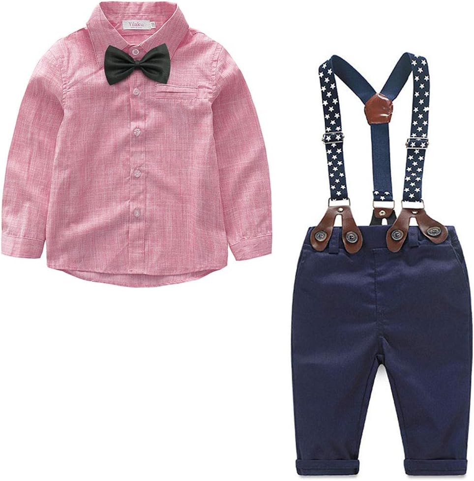 Yilaku Baby Boys Clothes Set 4pcs Summer Newborn Infant Outfits Gentleman Suit Suspender Trousers+Shirt+Bow Tie