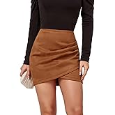 Mingnos Womens High Wasited Zipper Closure Ruched Cross Irregular Faux Suede Mini Skirt
