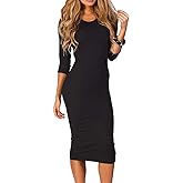 ICONOFLASH Women's 3/4 Sleeves Midi Bodycon Dress Crew Neck Fitted Dresses with Plus Size Options
