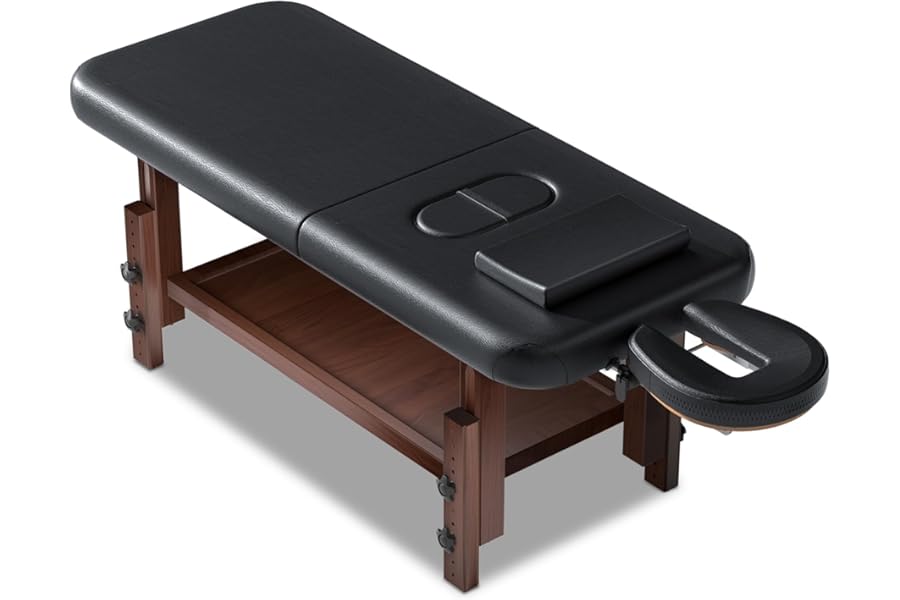 Stationary Massage Table with Memory Foam, Massage TattooTable with Adjustable Height, Facial Bed for Esthetician, PU Leather, Shelf for Physical Therapy & Spa (Wood, 80”L x 32”W)