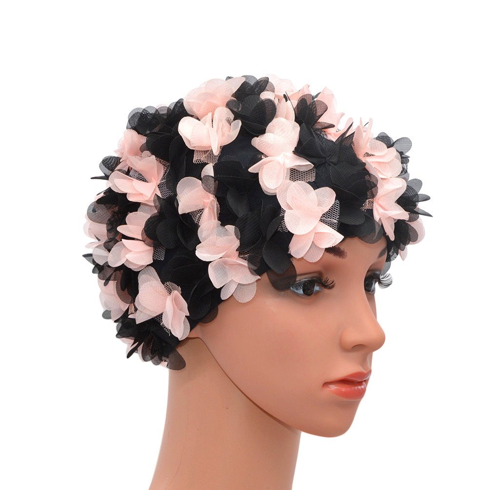 Medifier Lace Vintage Swim cap Floral Petal Retro Style Bathing Caps for Women Pink and Black