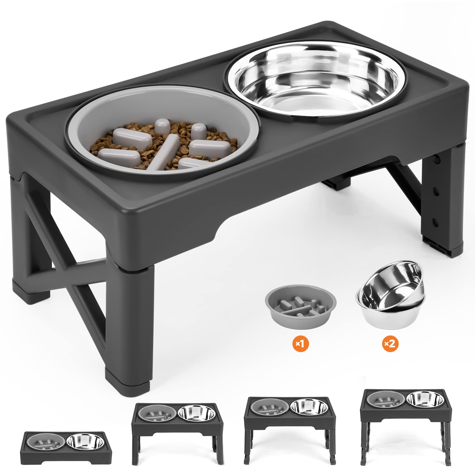 Photo 1 of Elevated Dog Bowls with Slow Feeder, 4 Adjustable Heights Raised Dog Bowl Stand with Two 1.3L Stainless Steel Food & Water Bowls, Adjusts to 2.8”, 8.6”, 10.2”, 11.8” for Large Medium, Small Dog & Cats