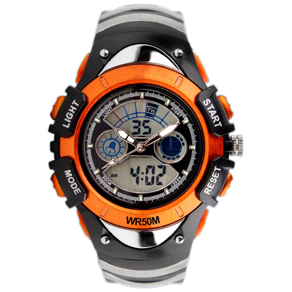 TONSHEN Multifunction Sports Digital Watch for Boy 50M Waterproof LED Analog Quartz Double Time Wrist Watches Stopwatch Rubber Band (Orange)