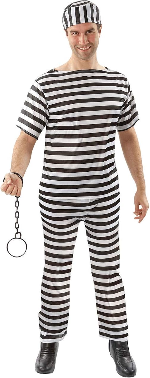 black and white striped prison jumpsuit