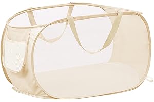 Aplter Pop Up Mesh Laundry Basket Folding Cloth Hamper Mesh Popup Collapsible Laundry Hampers with Side Pocket, Beige
