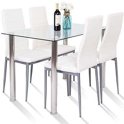 Tangkula 5-Piece Dining Table Set with Glass Top & PVC Leather Chairs