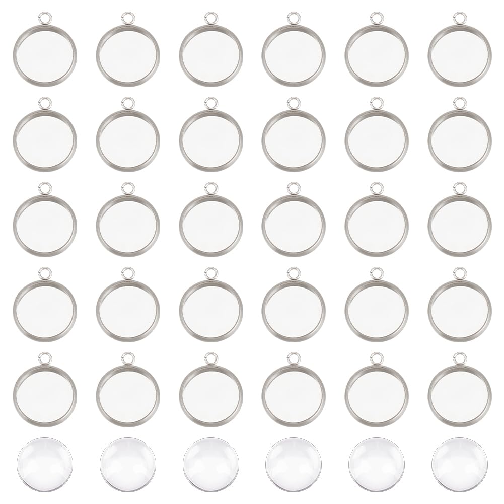 UNICRAFTALE About 50 Sets 12mm Flat Round Tray Pendants Making Kits 304 Stainless Steel Pendant Blank Bezel Charm Cabochon Settings and Clear Glass Cabochon for Women Necklaces Jewelry Making