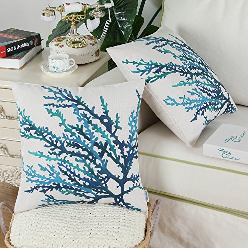 CaliTime-Canvas-Throw-Pillow-Cover-Shell-for-Couch-Sofa-Home-Decoration-Aquarelle-Painting-Print-18-X-18-Inches-Sea-Coral-Tree-Blue-Teal CaliTime Canvas Throw Pillow Cover Shell for Couch Sofa Home Decoration Aquarelle Painting Print 18 X 18 Inches Sea…