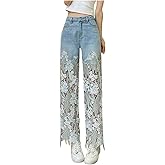 Women's Lace Patchwork Hollow Jeans, High Waisted Casual Vintage Baggy Straight Wide Leg Denim Pants