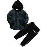 Axumity Toddler Baby Boys Clothes Plaid Button Down Hooded Shirt + Sweatpants Fall Winter Outfits Set