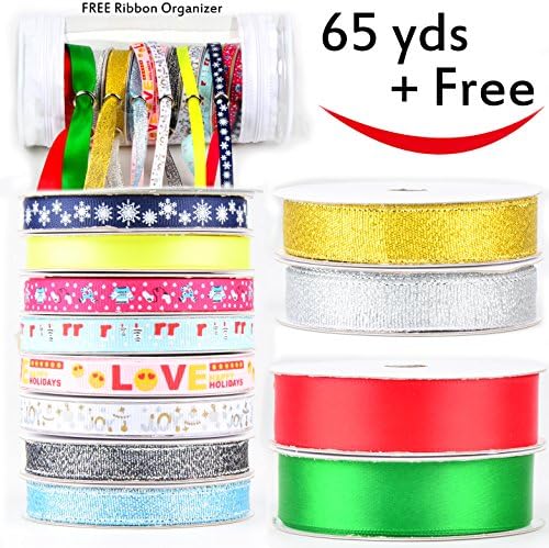 12 Pack Ribbon with Ribbon Organizer (65 Yard) for Christmas, Holiday, Winter Package Gift Wrapping, Craft, Sewing, Wedding - Holiday Wrapping Ribbon - 3 Widths 3/8โ 9/16โ 3/4โ- 12 x 5.5yds