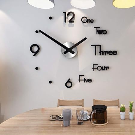 Alnn - Reloj de pared, diseño moderno, sin marco, 3D, extraíble, diseño de espejo 3D, silencioso, relojes grandes, decoración para salón, dormitorio, decoración del hogar, negro, Large: Amazon.es: Hogar